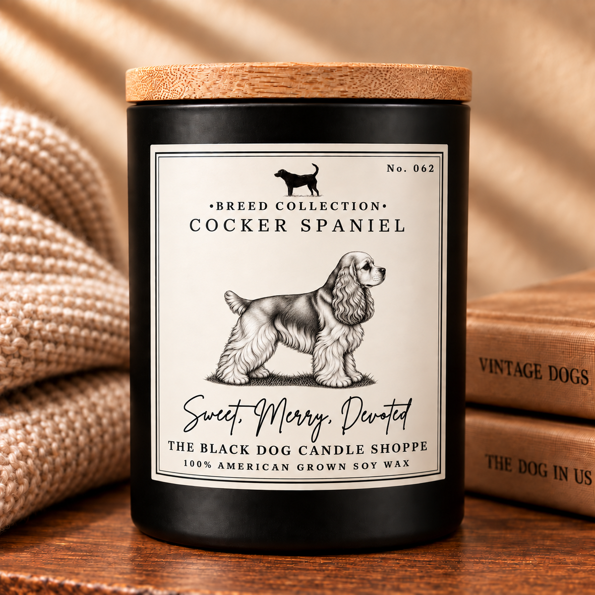 A matte black candle jar with a light wood lid, featuring a cream label with a black-and-white illustration of a Cocker Spaniel and the text 'Breed Collection - Cocker Spaniel' and 'The Black Dog Candle Shoppe.' The candle is styled on a wooden surface with a beige knit blanket and stacked books in the background.