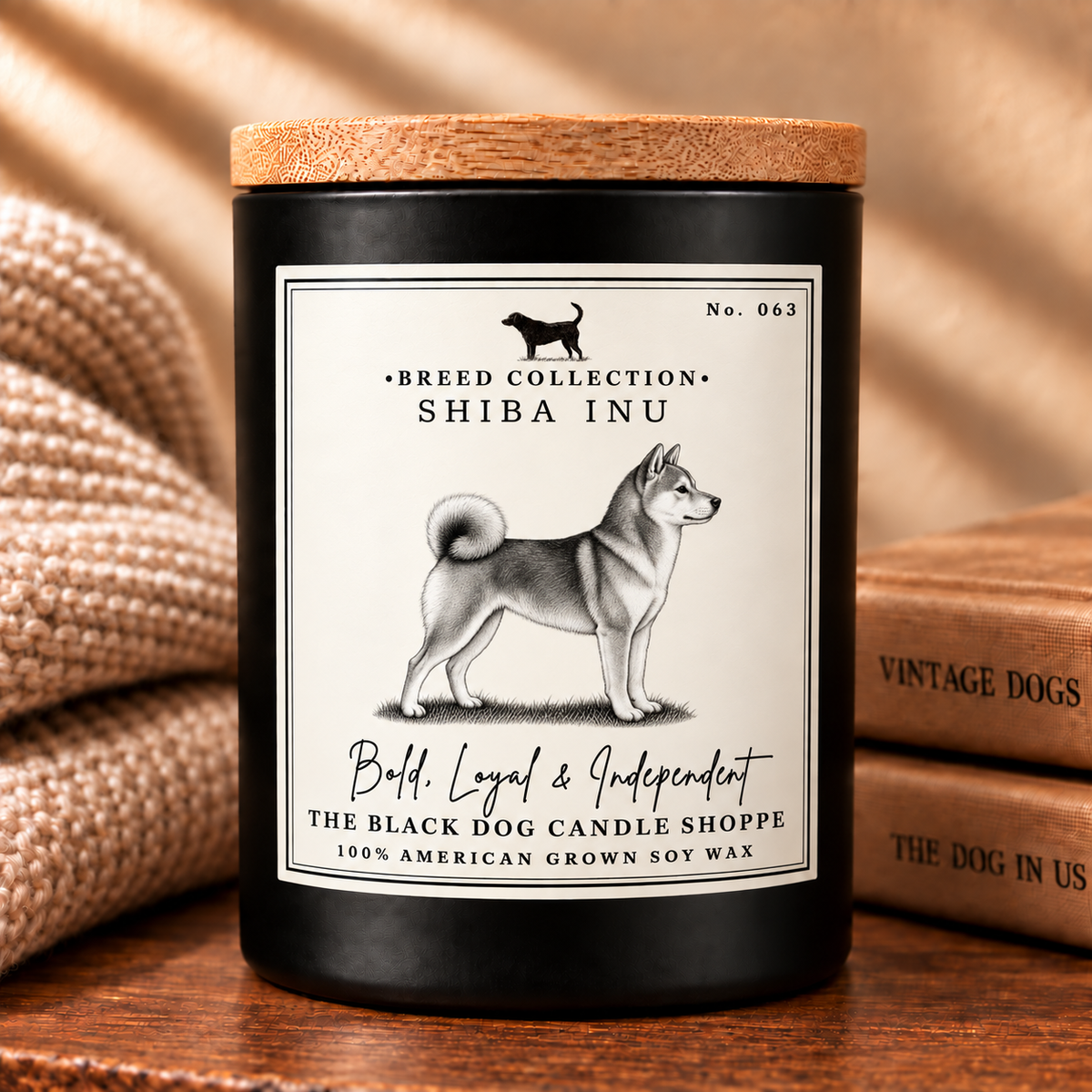 A matte black candle jar with a light wood lid, featuring a cream label with a black illustration of a Shiba Inu dog and the text 'Breed Collection - Shiba Inu' and 'The Black Dog Candle Shoppe'. The jar is styled on a wooden surface with a beige knit blanket on the left and stacked books on the right.