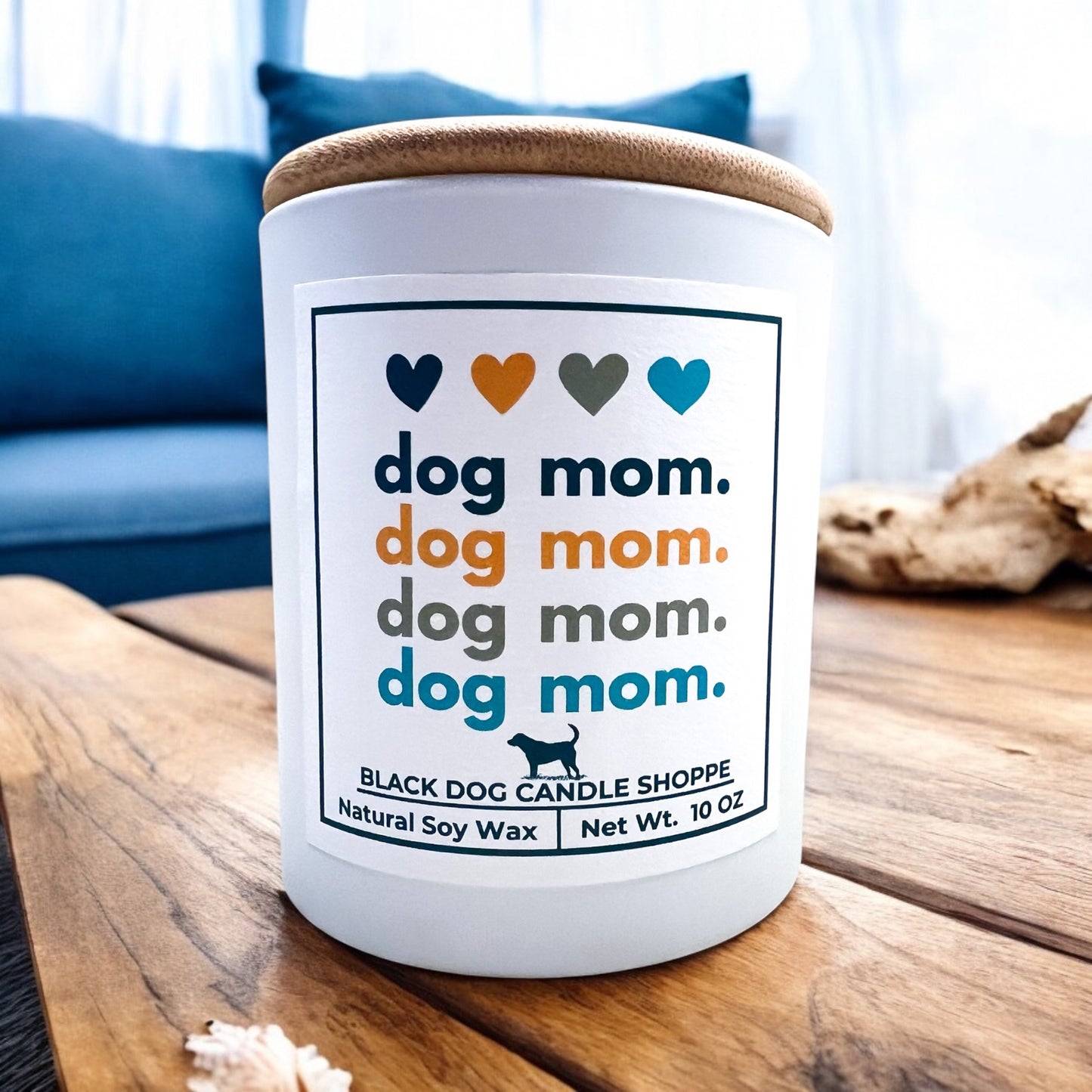 White Candle with Dog Mom written on label