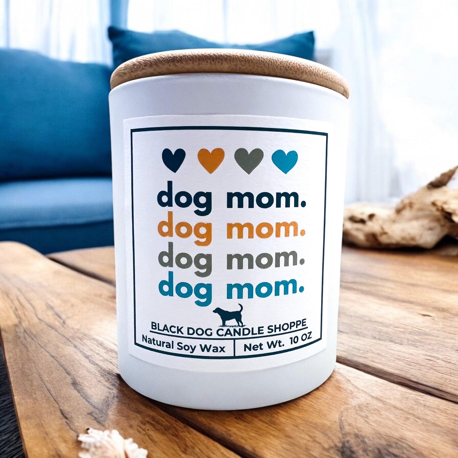 White Candle with Dog Mom written on label