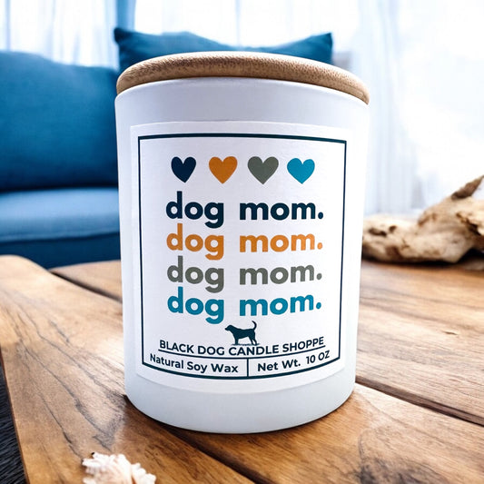 White Candle with Dog Mom written on label