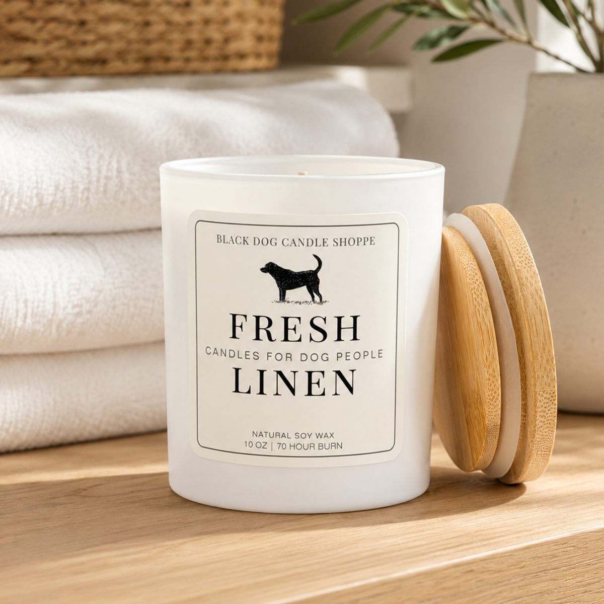 White matte soy candle labeled “Fresh Linen” by Black Dog Candle Shoppe displayed on a wooden surface beside folded white towels and bamboo lids, creating a clean and cozy home atmosphere.