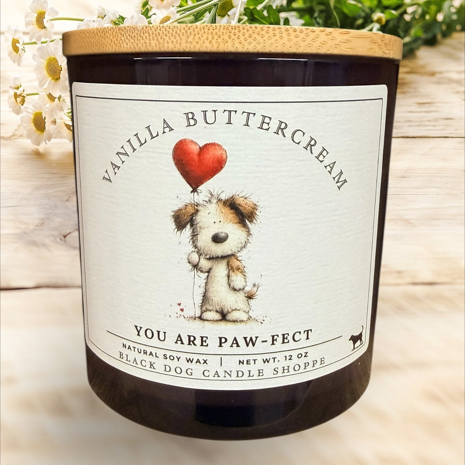 Vanilla buttercream soy candle with watercolor dog illustration and heart, dog lover gift