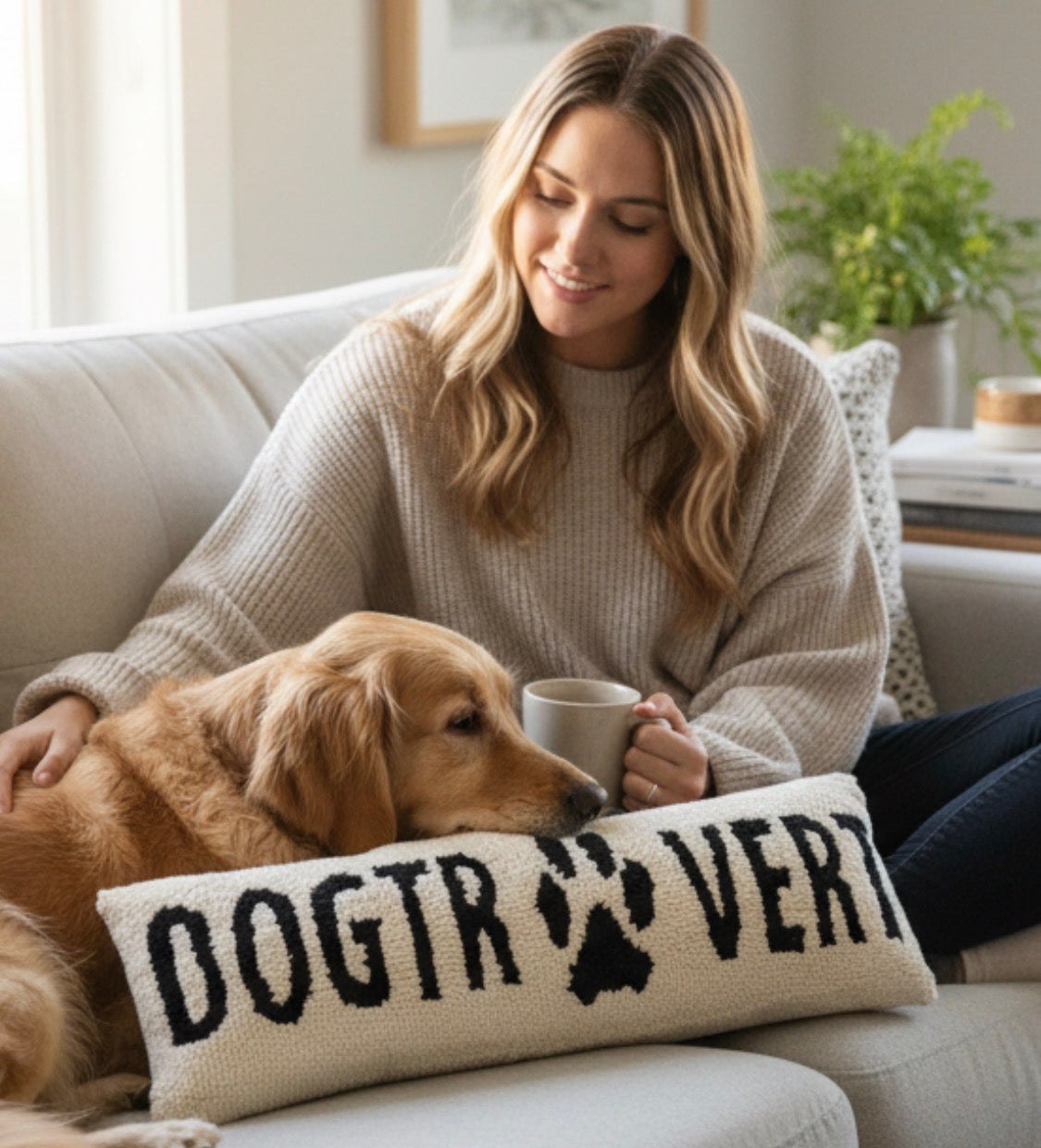Neutral textured throw pillow with “Dogtrovert” text and paw print design, minimalist dog lover accent pillow on clean background