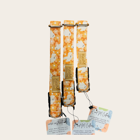 Flowery Ghosts Dog Collar, K and M Collars, Yellow & Orange