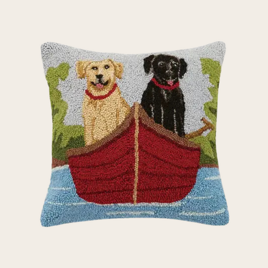 Lab Dogs On Canoe Hook Pillow