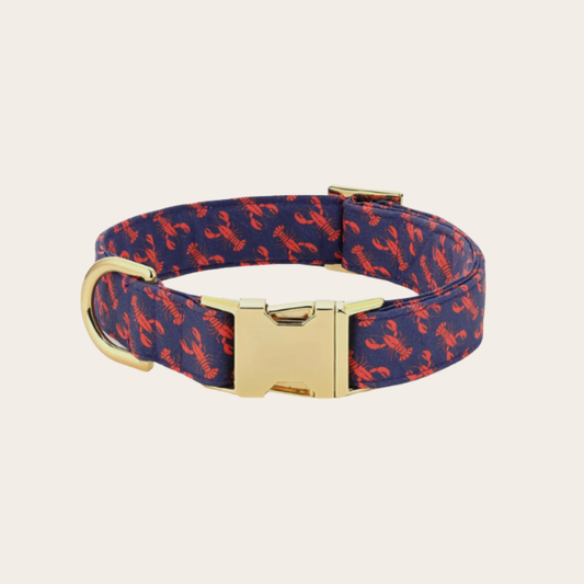 Navy blue dog collar with red lobster pattern and gold buckle hardware, adjustable pet collar on clean background