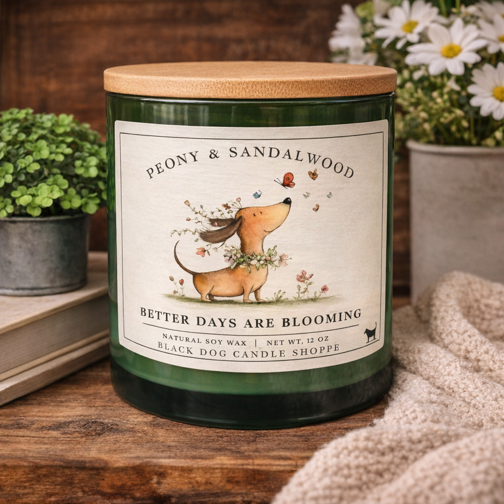 Peony and Sandalwood soy candle in green glass jar with bamboo lid, featuring whimsical dog and floral illustration, styled in cozy home setting with plants