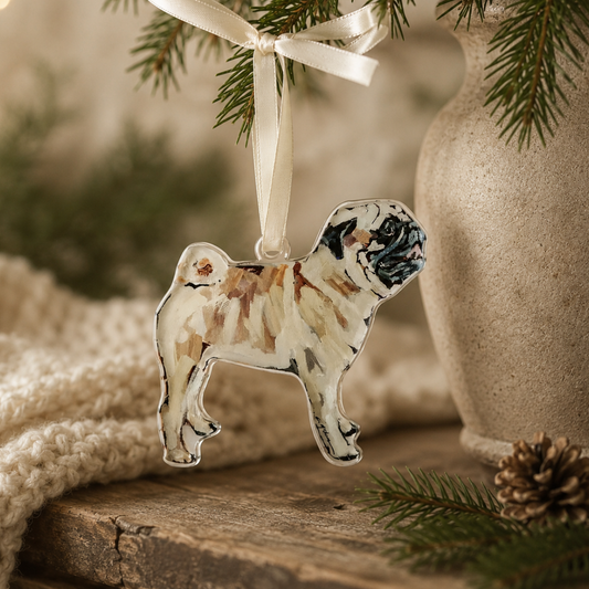 Premium acrylic ornament featuring a watercolor-style illustration of a fawn Pug with a black mask, finished with a cream satin ribbon. A thoughtful Christmas ornament and keepsake gift for Pug lovers and dog owners.